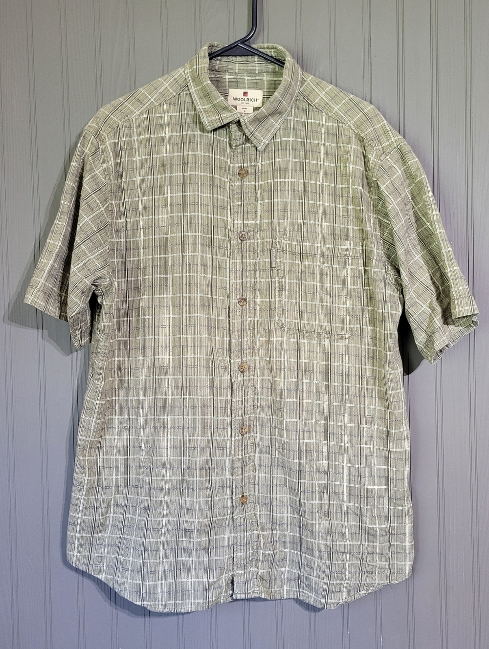 Woolrich Short Sleeve Button Down Shirt Collard Textured Plaid Green Men's Large